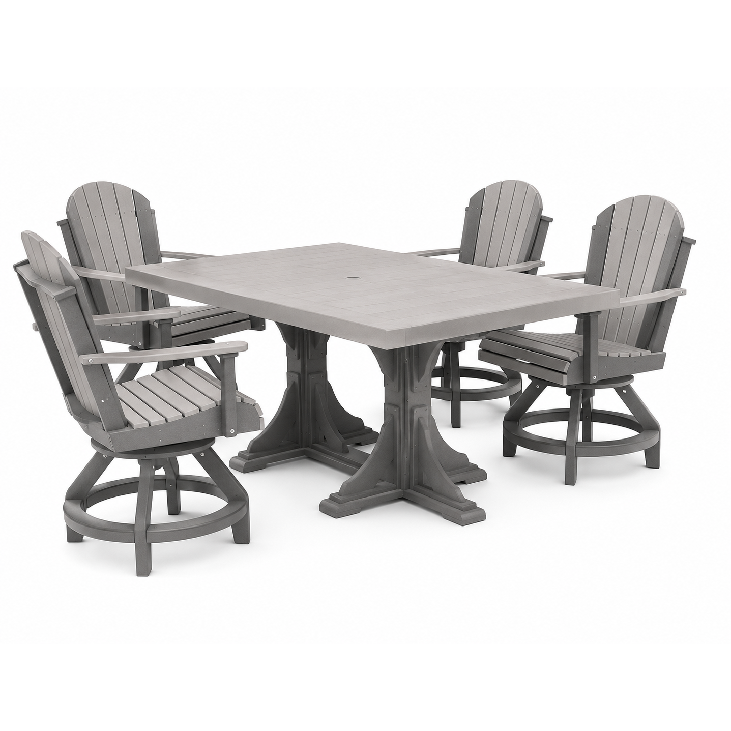 A 5-piece outdoor dining set featuring a rectangular pedestal table and four swivel Adirondack-style chairs, all in a uniform gray color, shown on a solid white background.