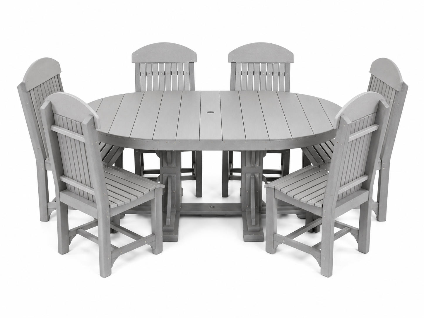 Gray outdoor dining set featuring a round slatted table and six matching high-back chairs, shown on a plain white background.