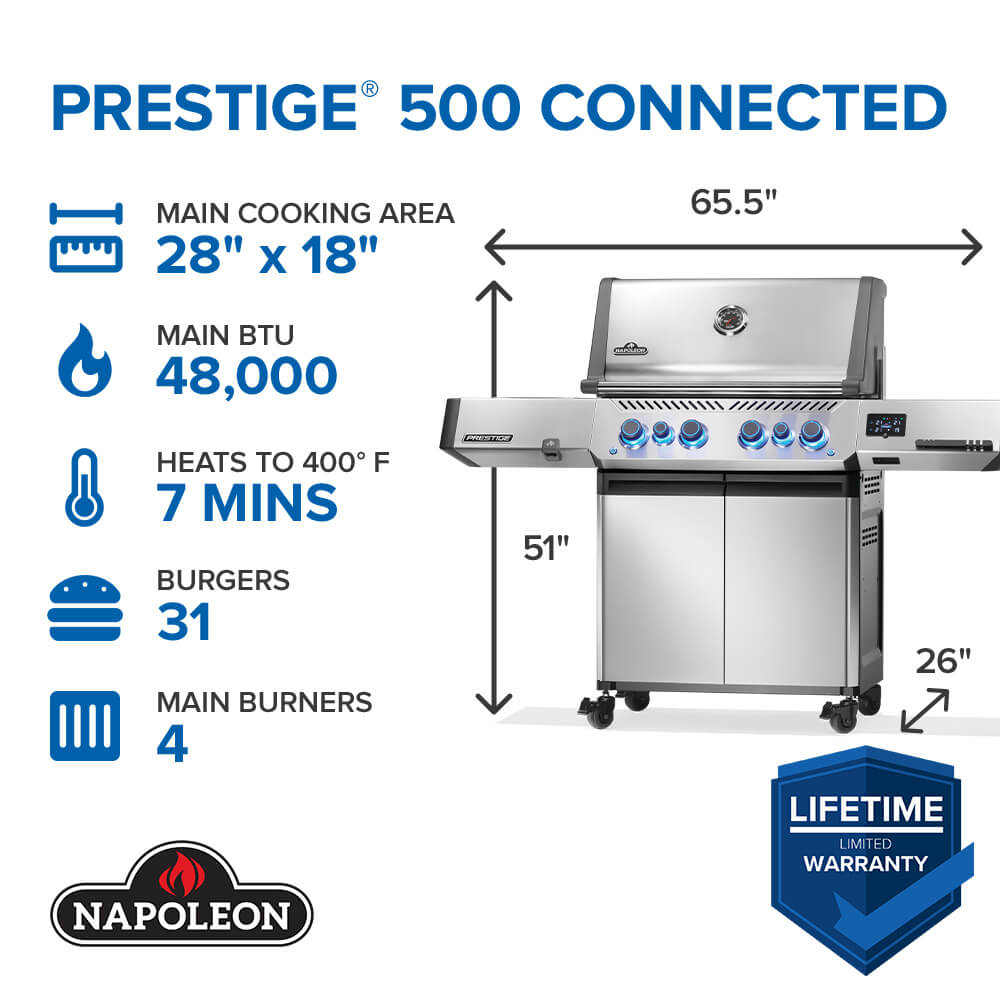 Napoleon Prestige 500 Connected Natural Gas Grill with Infrared Side and Rear Burner P500VXRSIBNSS