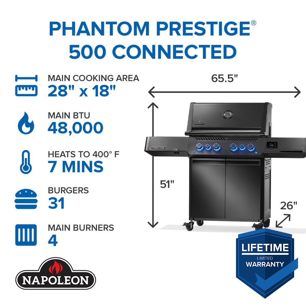 Napoleon Phantom Prestige 500 Connected Natural Gas Grill with Infrared Side and Rear Burner P500VXRSIBNK-PHM
