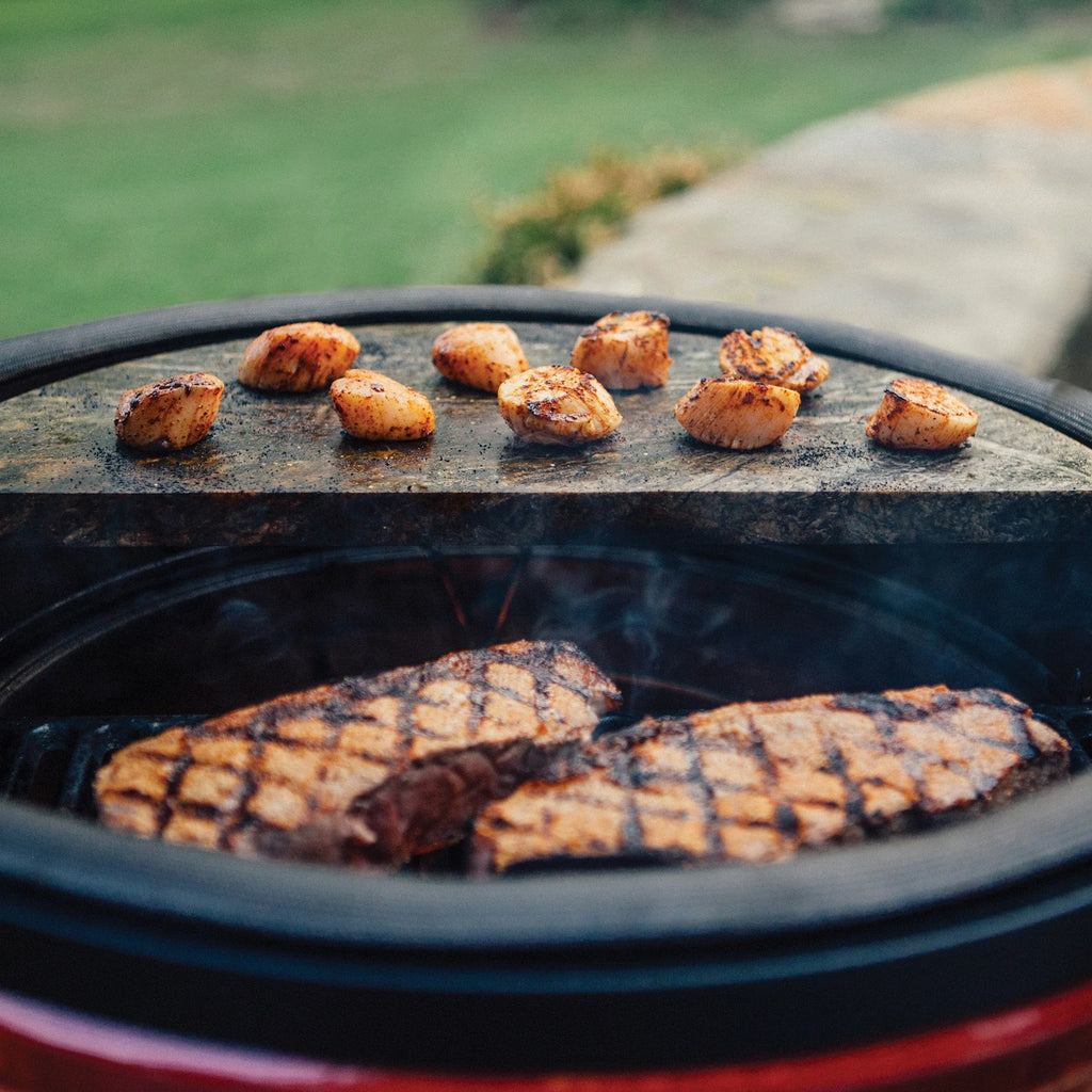 Big Joe® Half Moon Soapstone, Half Moon Cast Iron Reversible Griddle, and Cover