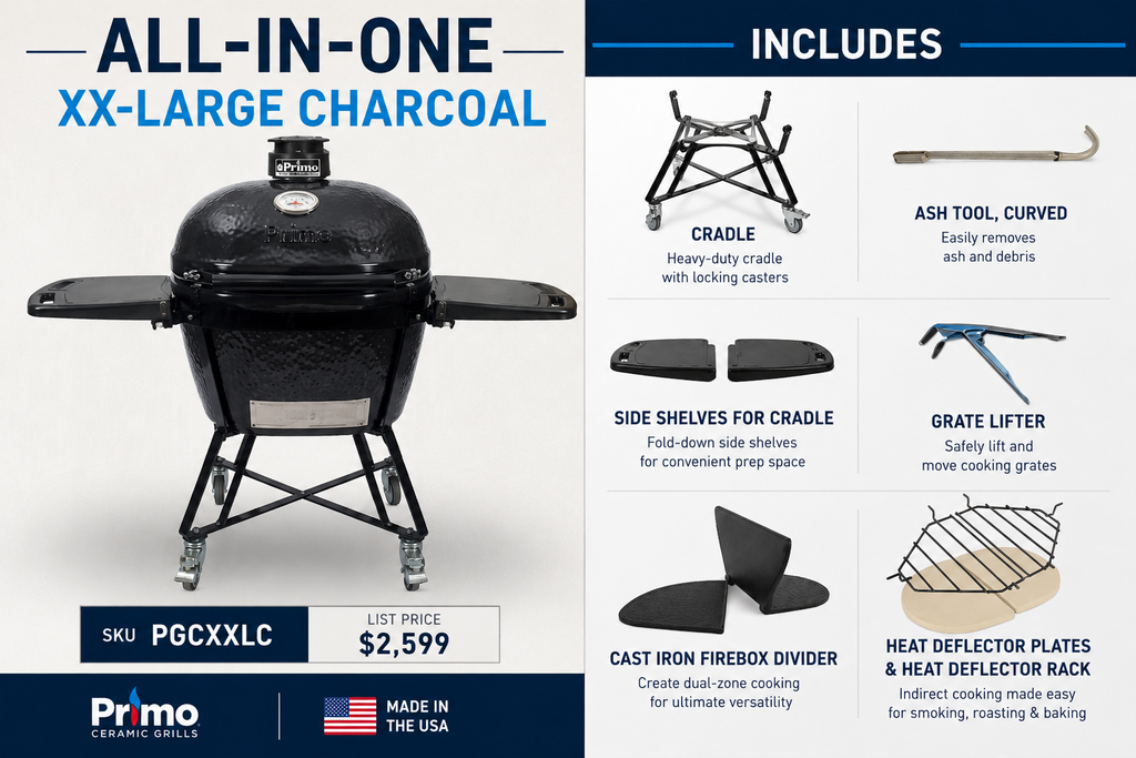 Promotional infographic for a Primo Ceramic Grills XX-Large Charcoal grill, showing the black kettle-style grill on the left and a right-side 'Includes' panel listing accessories such as a cradle, ash tool, side shelves, grate lifter, cast iron firebox divider, and heat deflector plates.
