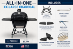 Promotional infographic for a Primo Ceramic Grills XX-Large Charcoal grill, showing the black kettle-style grill on the left and a right-side 'Includes' panel listing accessories such as a cradle, ash tool, side shelves, grate lifter, cast iron firebox divider, and heat deflector plates.