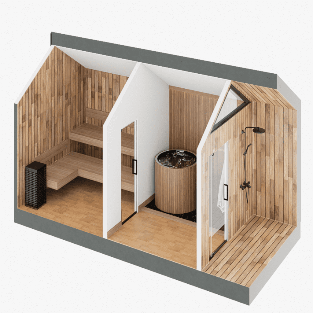 Sweaty Yeti Sauna Plus 6-8 Person Outdoor Sauna & Barrel Cold Plunge Cabin 8 x 17 ft - official Sweaty Yeti media - Sauna-Plus-Barrel-no-figs.png