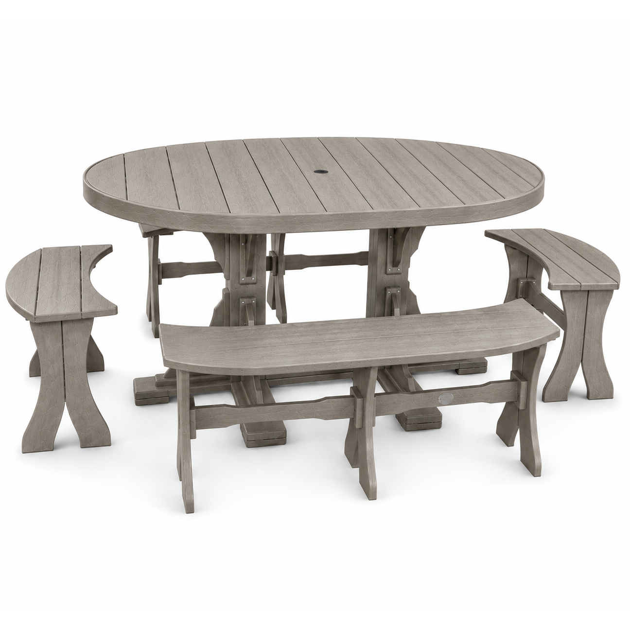 An outdoor dining set featuring an oval slatted table with a central hole, two bench seats, and two side chairs in a uniform weathered gray-brown finish, shown on a solid white background.