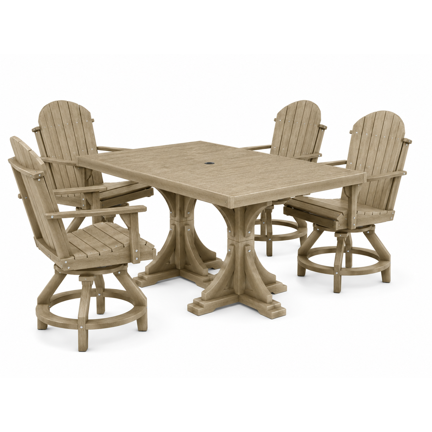 A 5-piece outdoor patio dining set featuring a square slat-top table with a pedestal base and four matching swivel Adirondack-style chairs in a light taupe finish, isolated on a white background.