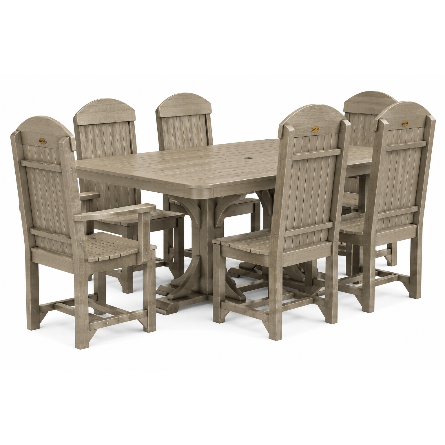 A 7-piece outdoor dining set featuring a rectangular table and six matching high-back chairs in a weathered taupe gray finish, shown on a white background.