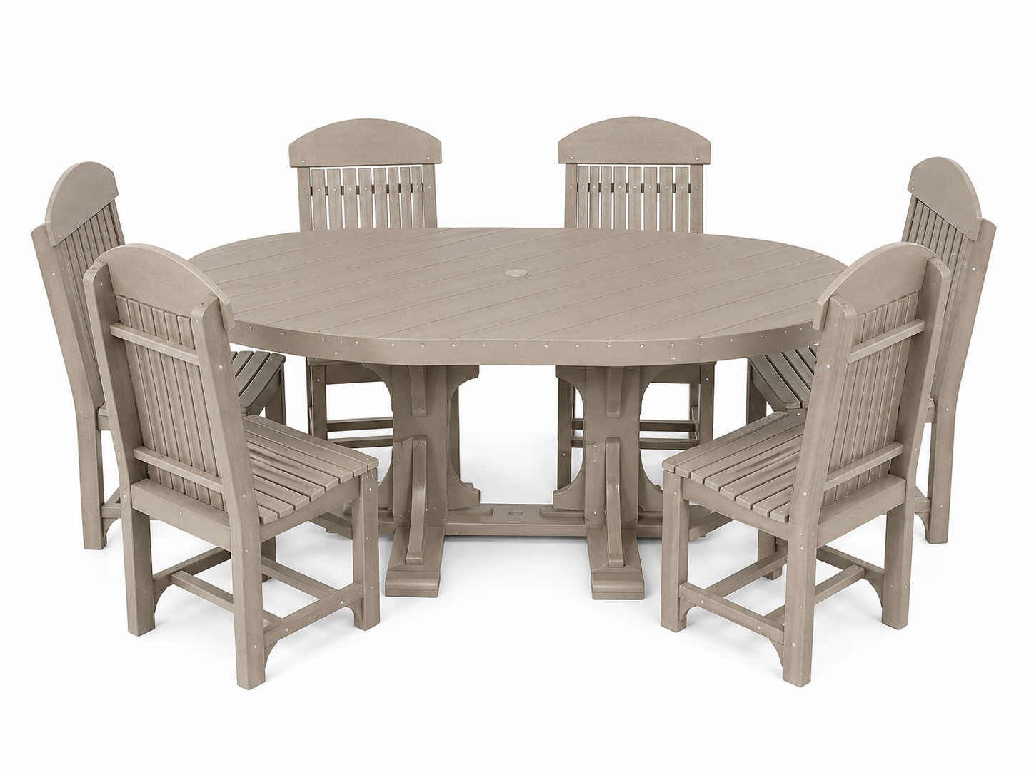 An oval outdoor dining table with six matching slatted chairs in a uniform light taupe-gray finish, shown on a plain white background.