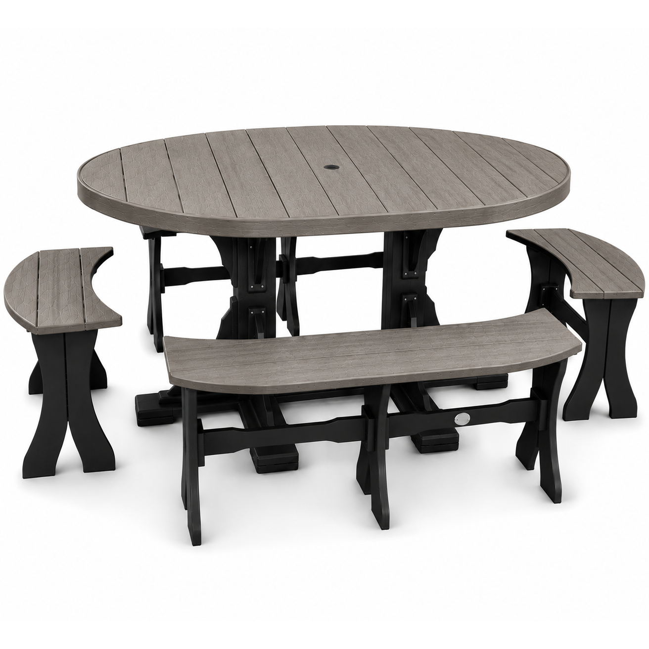An outdoor dining set featuring an oval gray slatted table with black legs, two matching gray bench seats with black legs, and a small side stool, shown on a white background.