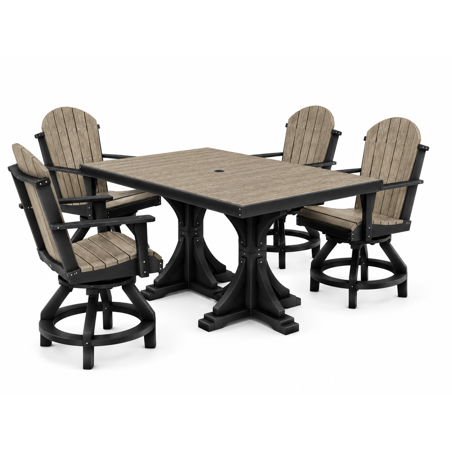 A 5-piece outdoor patio dining set featuring a rectangular table with a weathered brown top and black pedestal base, surrounded by four matching Adirondack-style chairs with black frames and brown slatted seats.