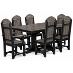 A 7-piece outdoor dining set featuring a rectangular table and six matching high-back chairs with weathered gray wood-look slats and black frames, shown on a white background.