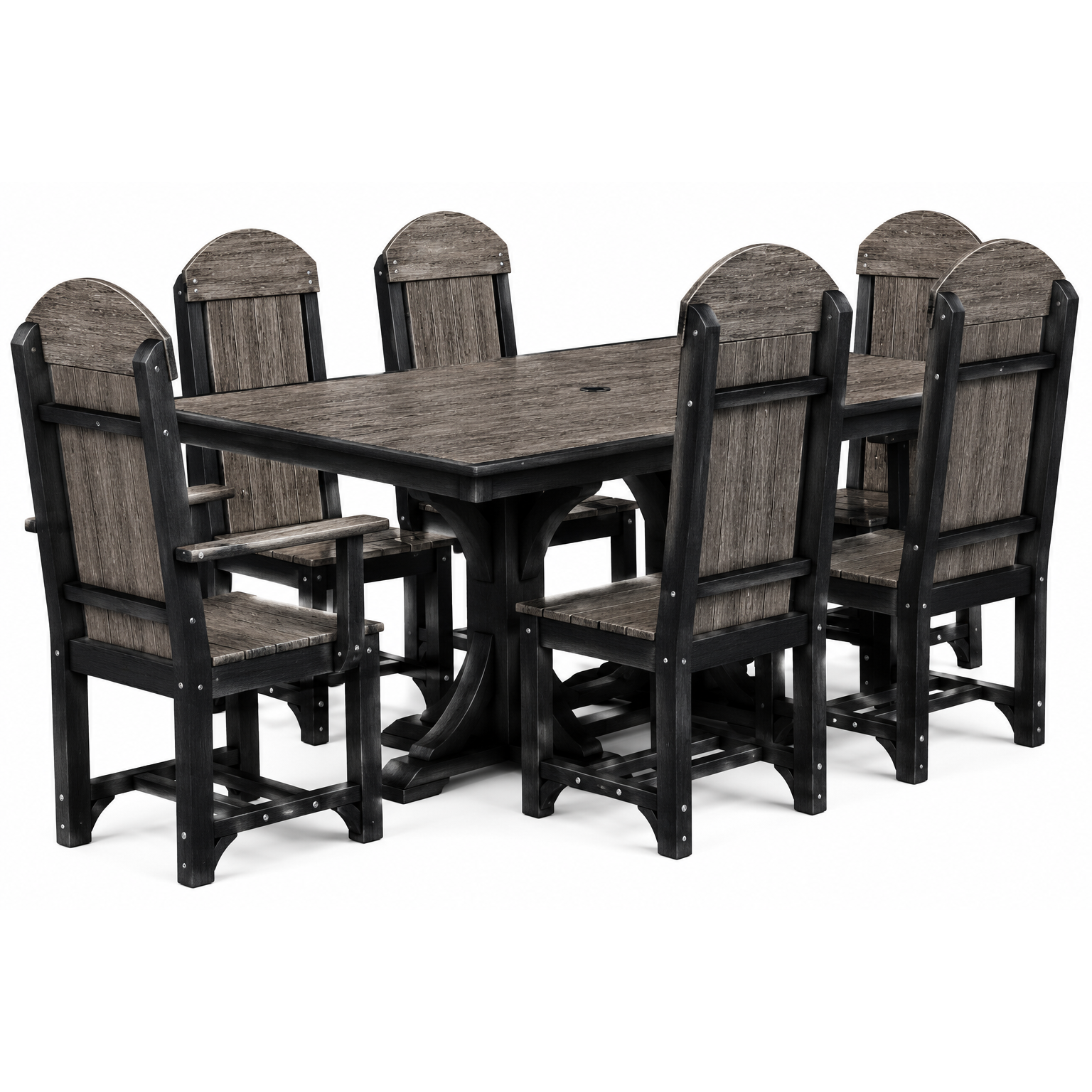A 7-piece outdoor dining set featuring a rectangular table and six matching high-back chairs with weathered gray wood-look slats and black frames, shown on a white background.