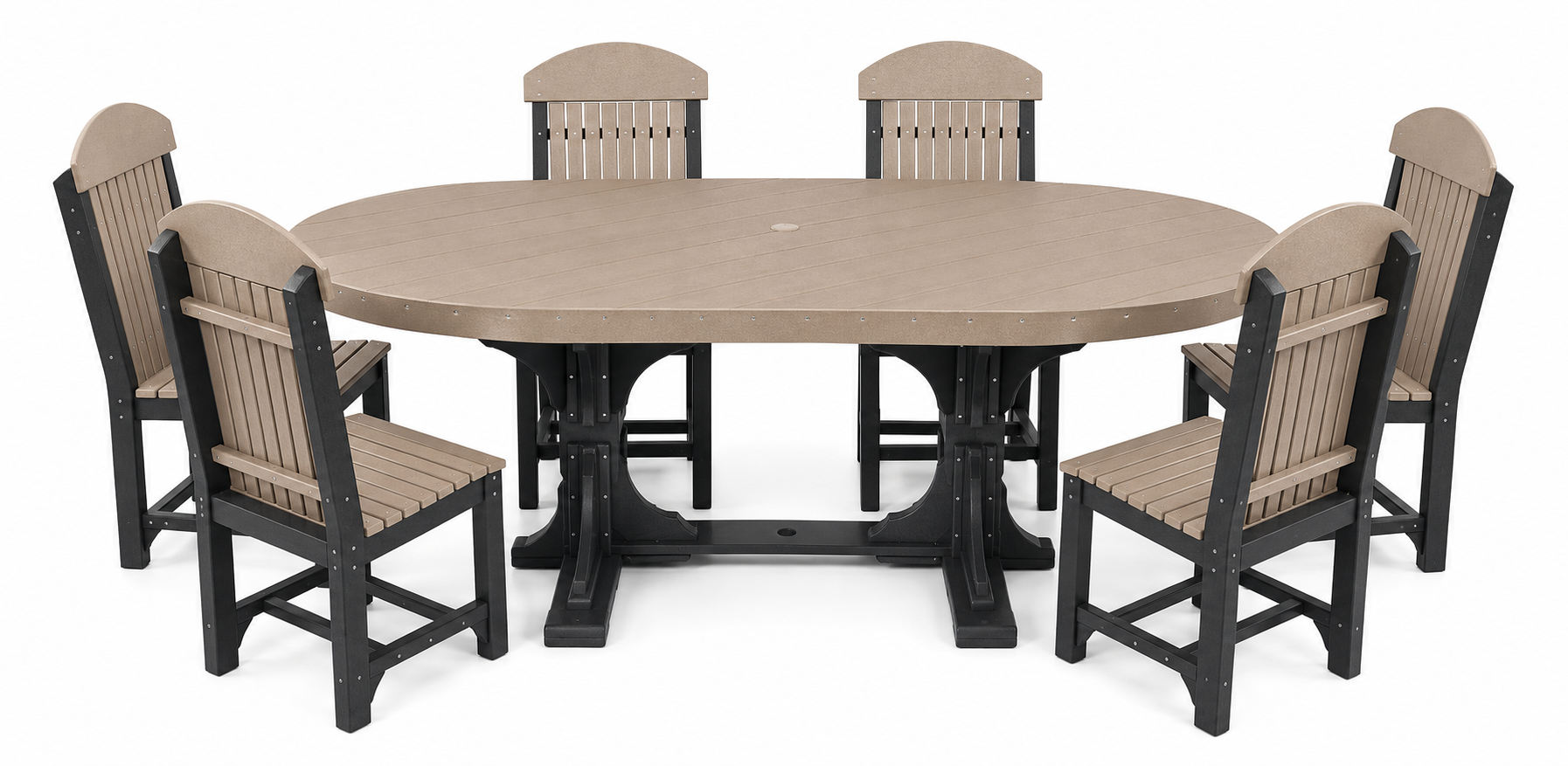 An oval outdoor dining table with a light taupe wood-look top and black trestle-style base, surrounded by six matching Adirondack-style chairs with beige slatted backs and seats and black frames, shown on a white background.