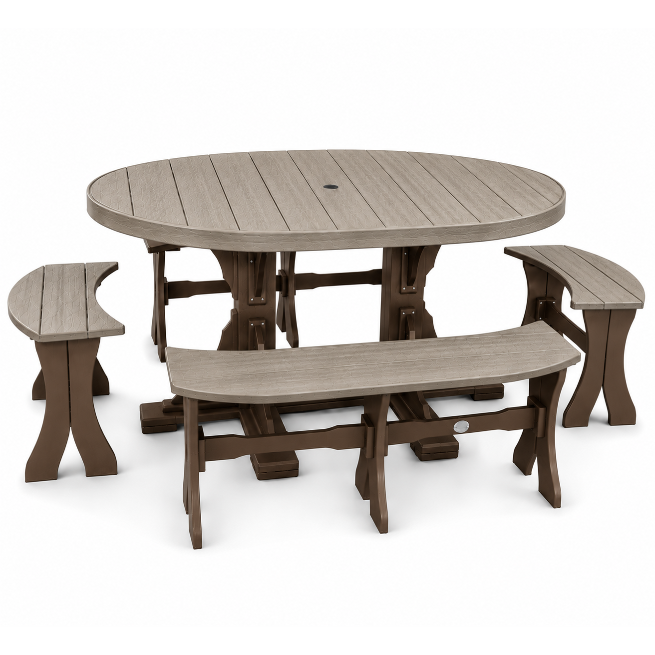 An outdoor dining set featuring an oval table and two matching curved benches in a coordinated brown and gray composite wood finish, shown on a plain white background.