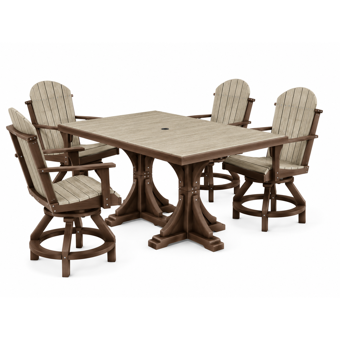 A 5-piece outdoor dining set featuring a square slatted table and four swivel chairs with brown frames and beige slatted backs and seats, shown on a white background.
