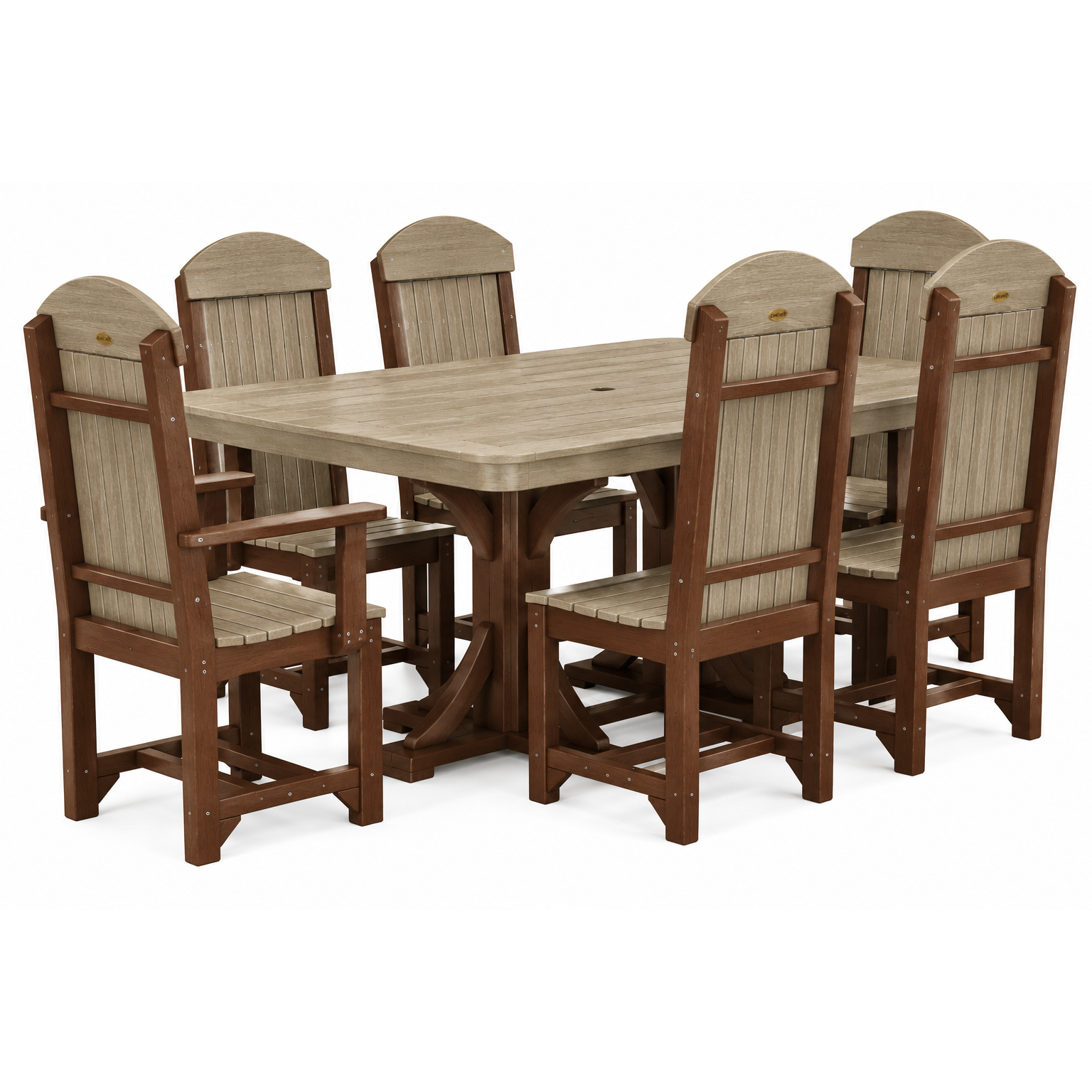 A 7-piece outdoor dining set featuring a rectangular table and six matching high-back armchairs with a brown frame and beige slatted backs and seats, shown on a white background.
