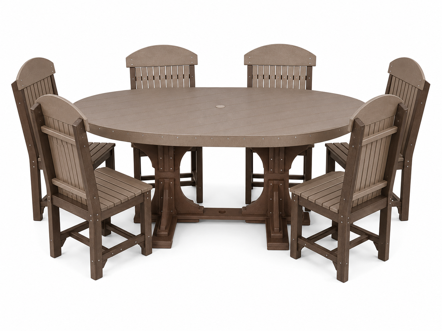 An outdoor dining set featuring a round pedestal table and six matching Adirondack-style chairs in a brown composite wood finish, shown against a plain white background.