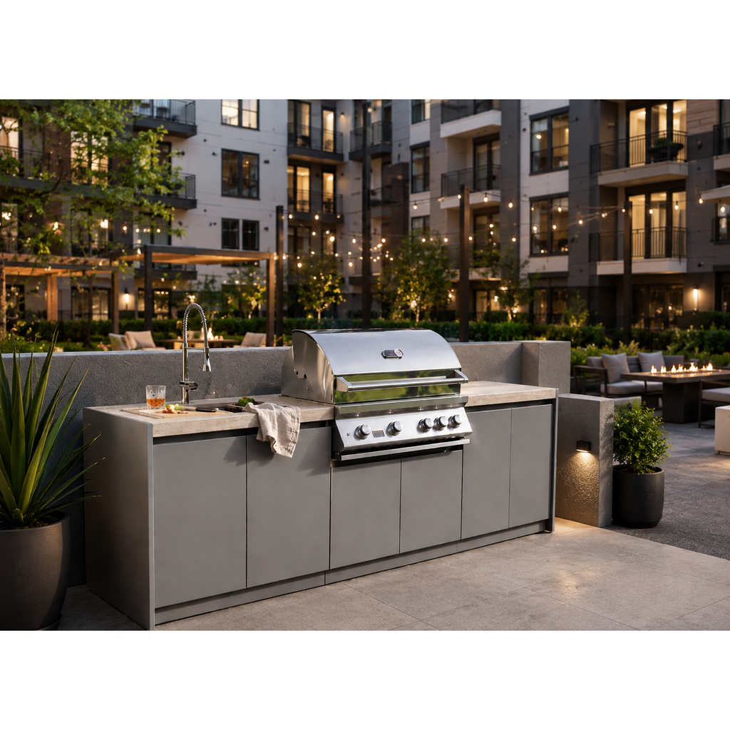 A stainless steel outdoor gas grill installed on a gray built-in kitchen island with a sink and countertop, set in a modern residential courtyard at dusk.