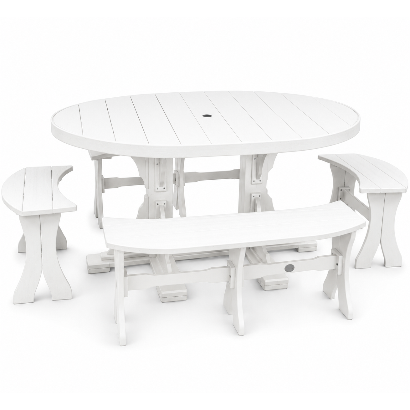 White outdoor patio dining set with an oval slatted table and two matching bench stools on a clean white background.