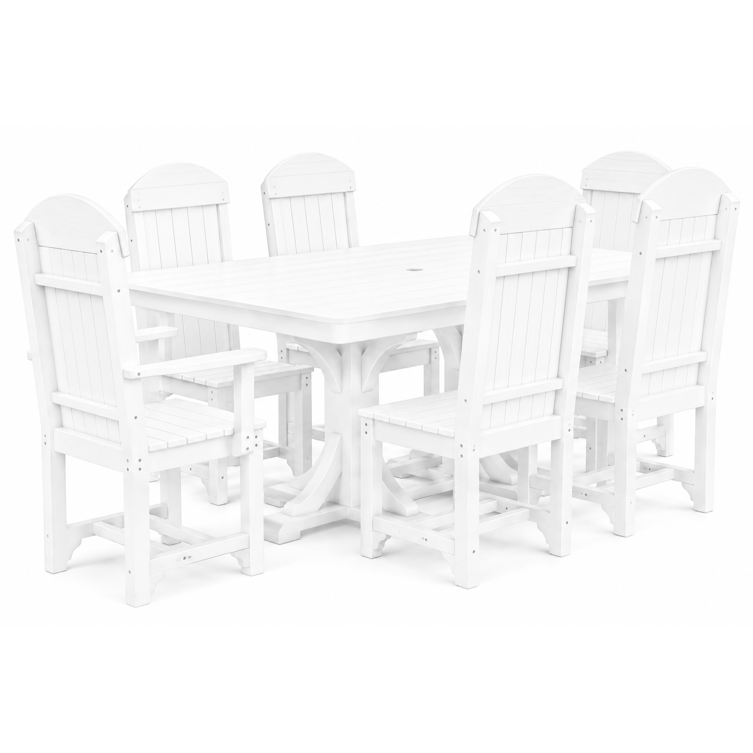 A white outdoor dining set consisting of a rectangular table and six matching high-back chairs, shown on a plain white background.
