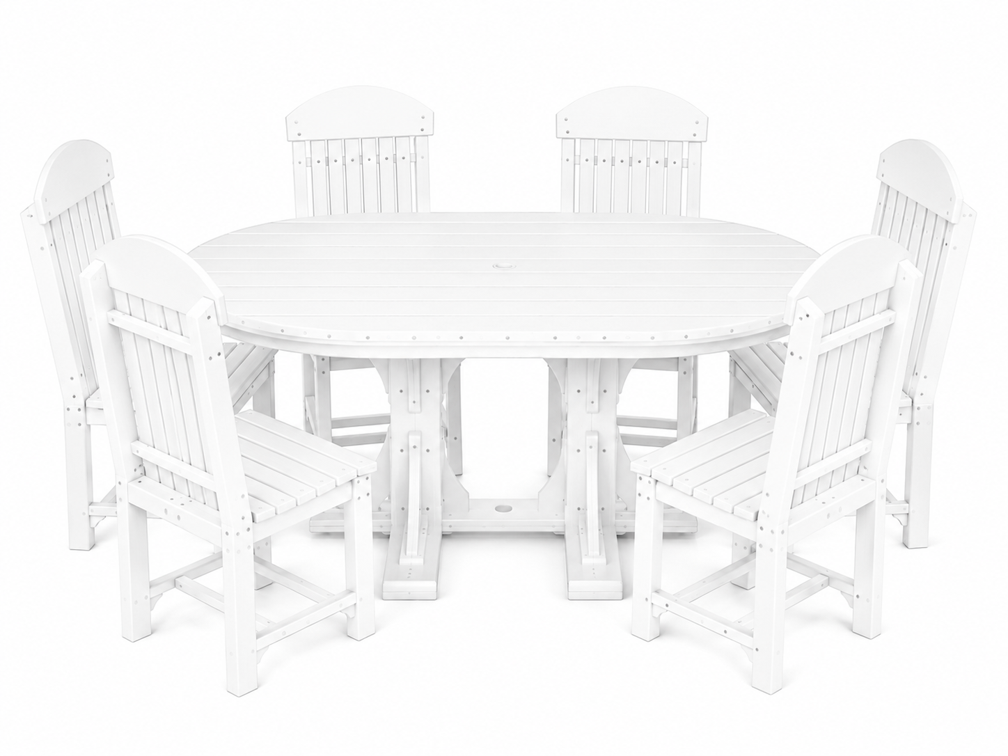 A white outdoor dining set consisting of an oval table and six matching slatted chairs, shown on a plain white background.