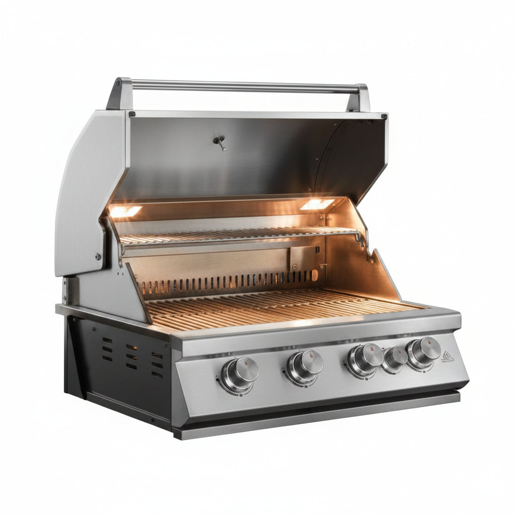 Whistler 32-Inch 4-Burner Built-In Gas Grill on Stainless Steel Cabinet with Rear Infrared Burner, Grill Lights, Rotisserie Kit, and Cover