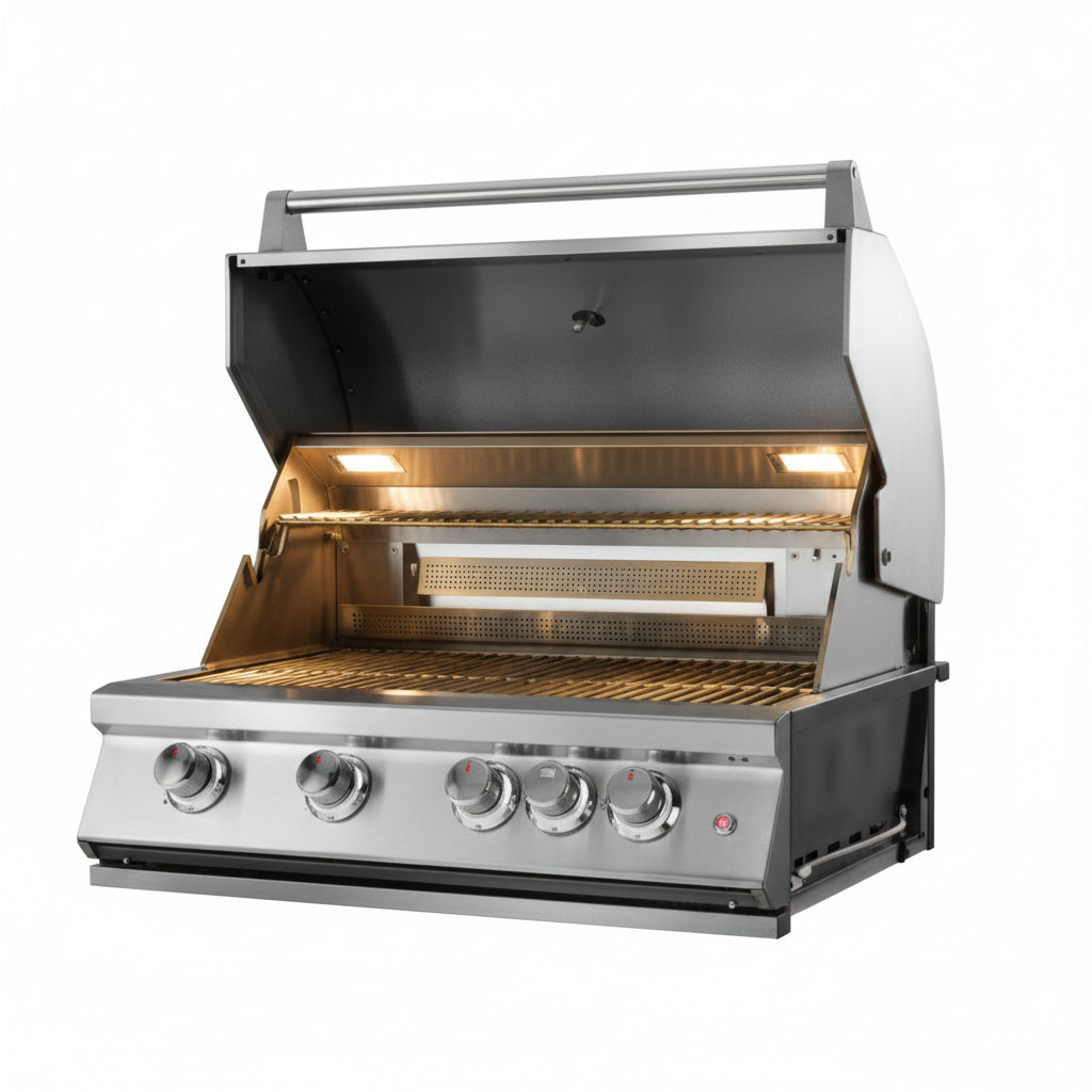 Whistler 32-Inch 4-Burner Built-In Gas Grill on Stainless Steel Cabinet with Rear Infrared Burner, Grill Lights, Rotisserie Kit, and Cover