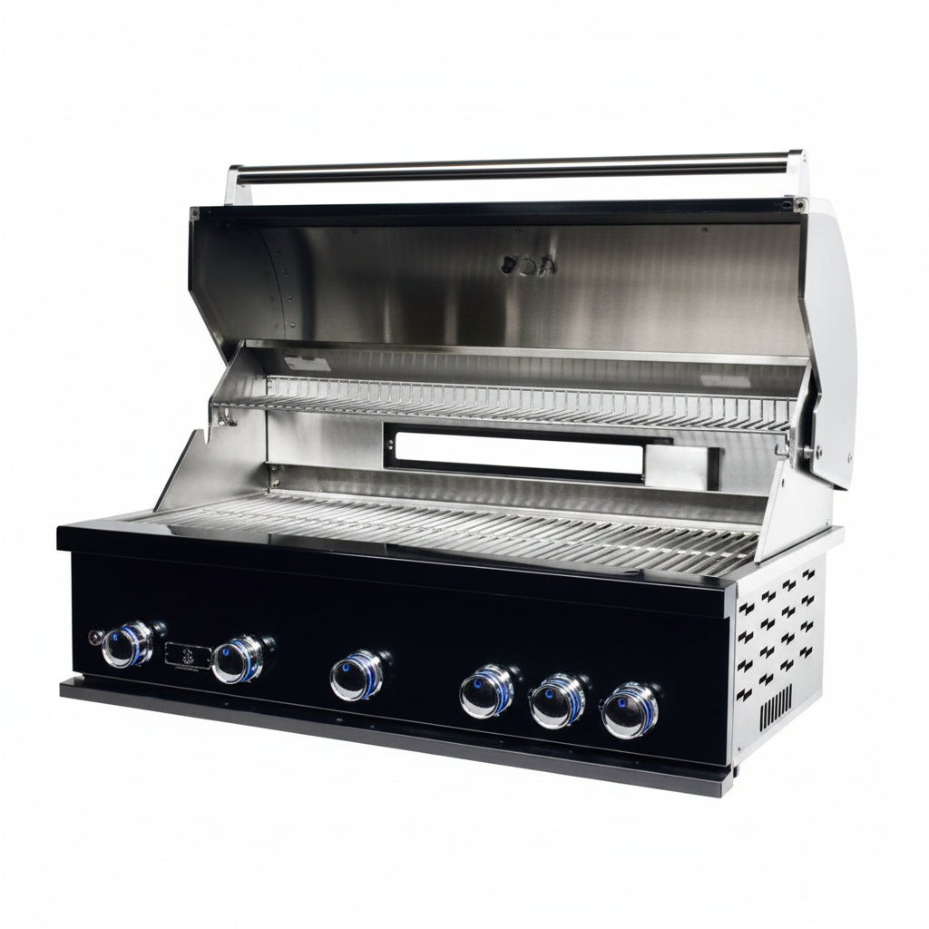 Whistler 110-Inch 5-Burner Gas Grill Island with Infrared Rear Burner, Refrigerator, Sink, and Rotisserie Kit - Black Stainless