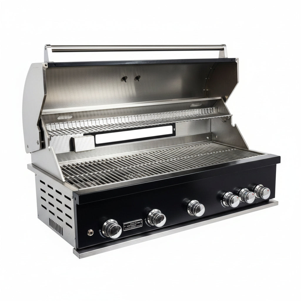 Whistler 110-Inch 5-Burner Gas Grill Island with Infrared Rear Burner, Refrigerator, Double Side Burner, and Rotisserie Kit - Black Stainless