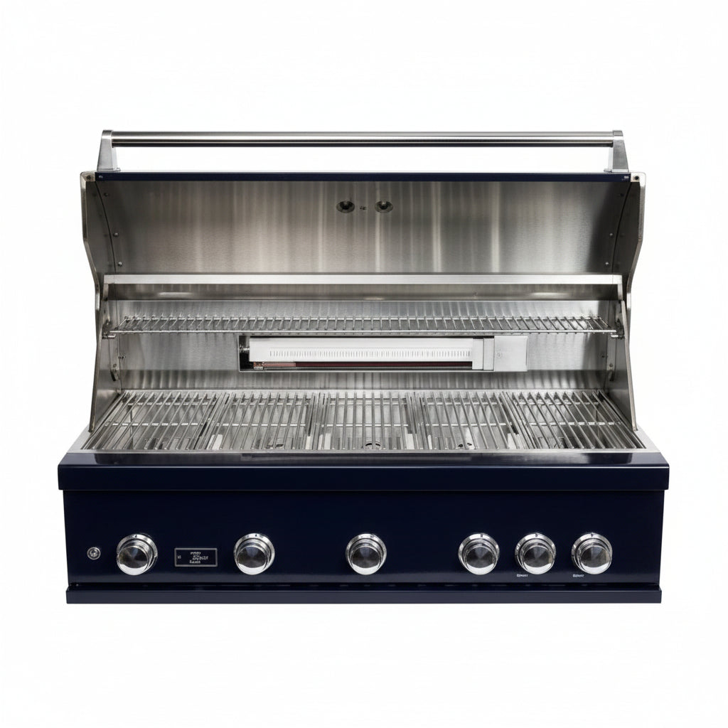 Whistler 110-Inch 5-Burner Gas Grill Island with Infrared Rear Burner, Refrigerator, Sink, and Rotisserie Kit - Black Stainless