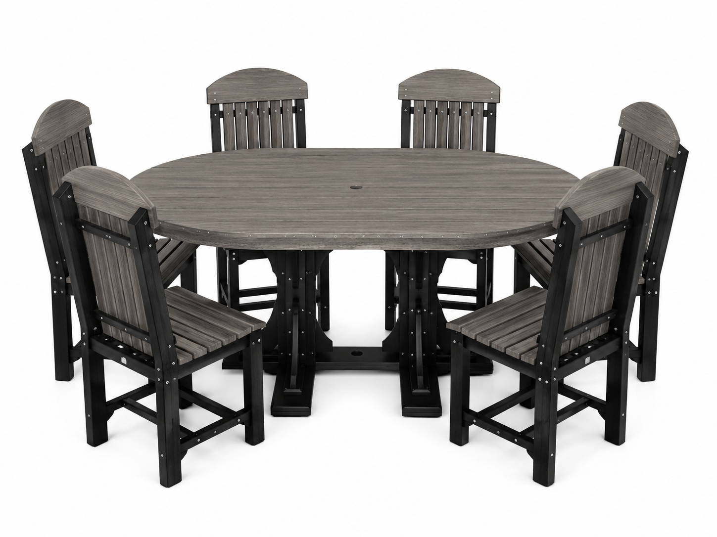 An outdoor dining set featuring a round gray wood-look table and six matching gray slatted chairs with black frames, shown on a plain white background.