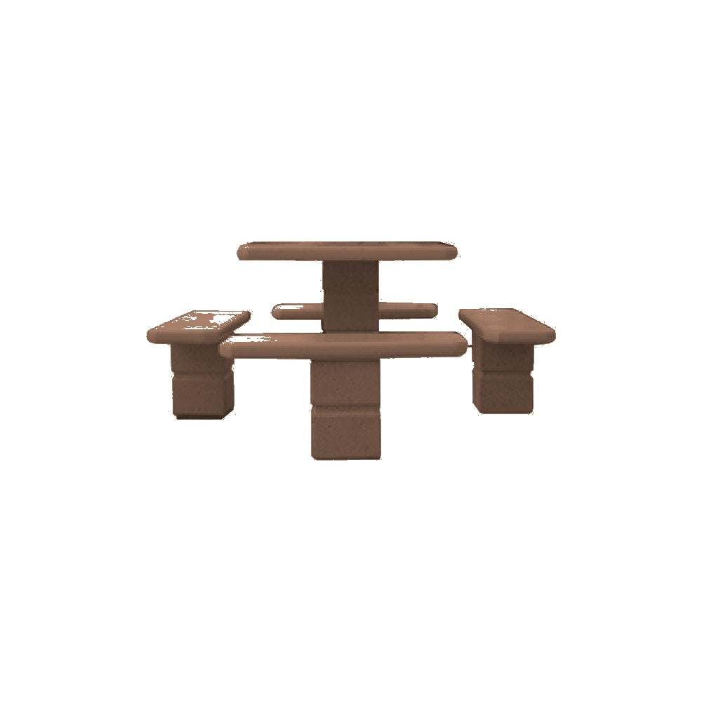 TF3090 Footed Square Pedestal Concrete Table Set — Standard Ground & Polish Top & Bench - Acid Wash Sand Legs — G25 Brown — digitally rendered color preview