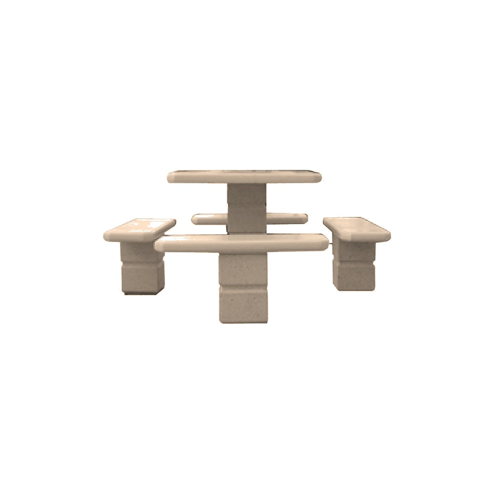 TF3090 Footed Square Pedestal Concrete Table Set — Standard Ground & Polish Top & Bench - Acid Wash Sand Legs — G21 Buff — digitally rendered color preview