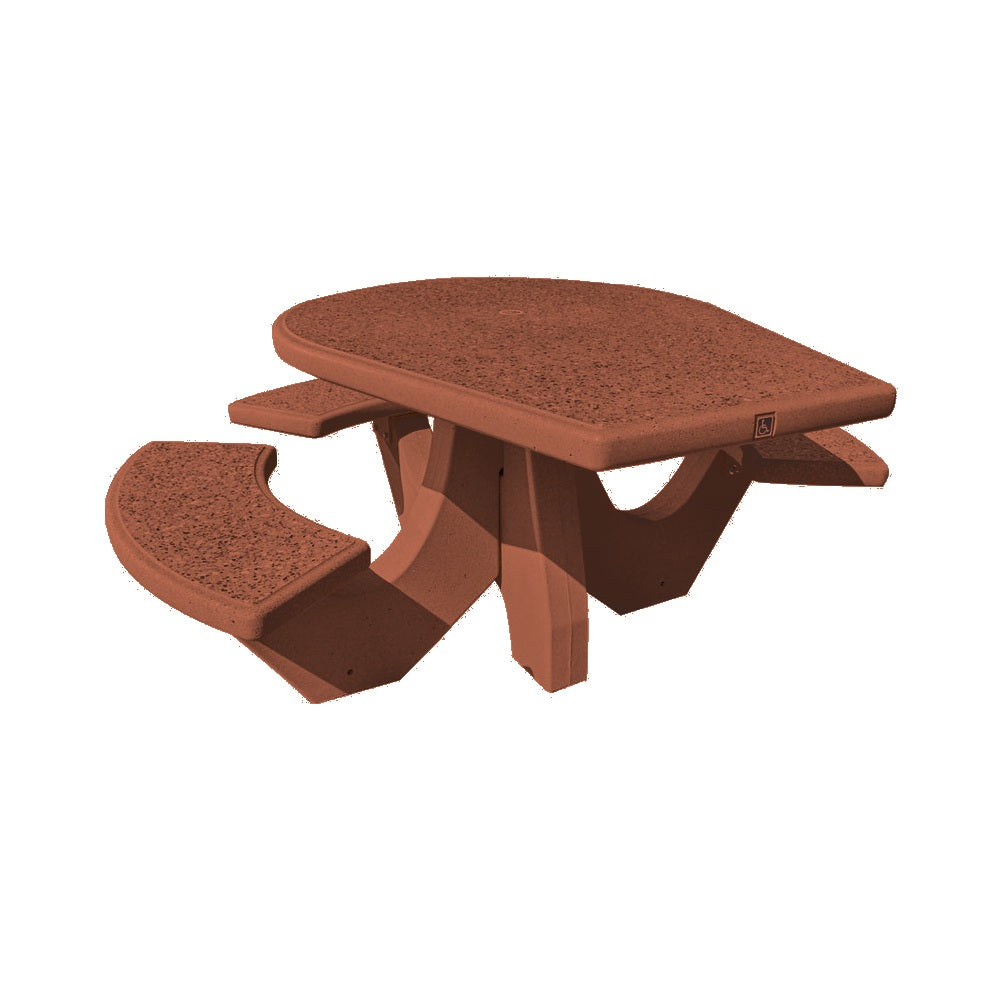 TF3128 3-Seat Round Concrete ADA Compliant Table Set — Standard Ground & Polish Top & Bench - Acid Wash Sand Legs — G24 Brick Red — digitally rendered color preview