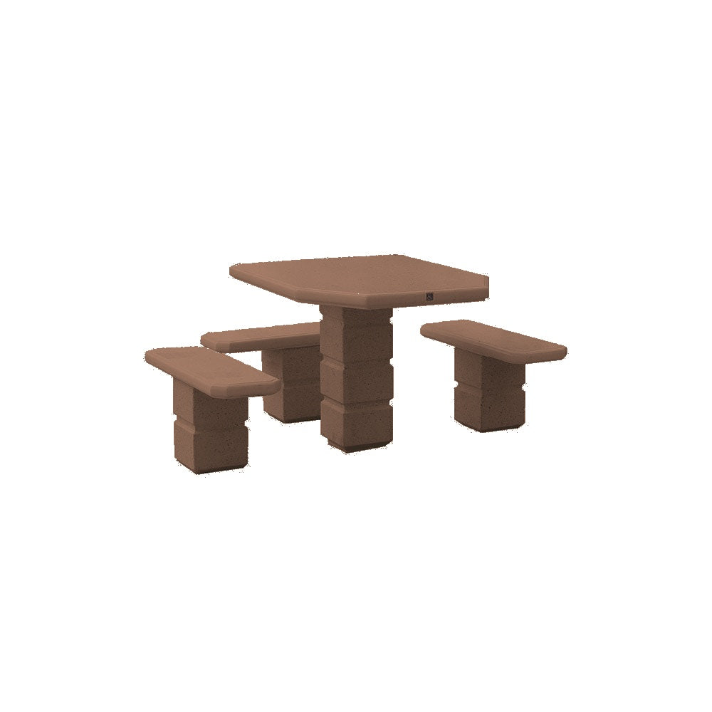 TF3091 Footed Square Pedestal Concrete ADA Compliant Table Set — Standard Ground & Polish Top & Bench - Acid Wash Sand Legs — G25 Brown — digitally rendered color preview