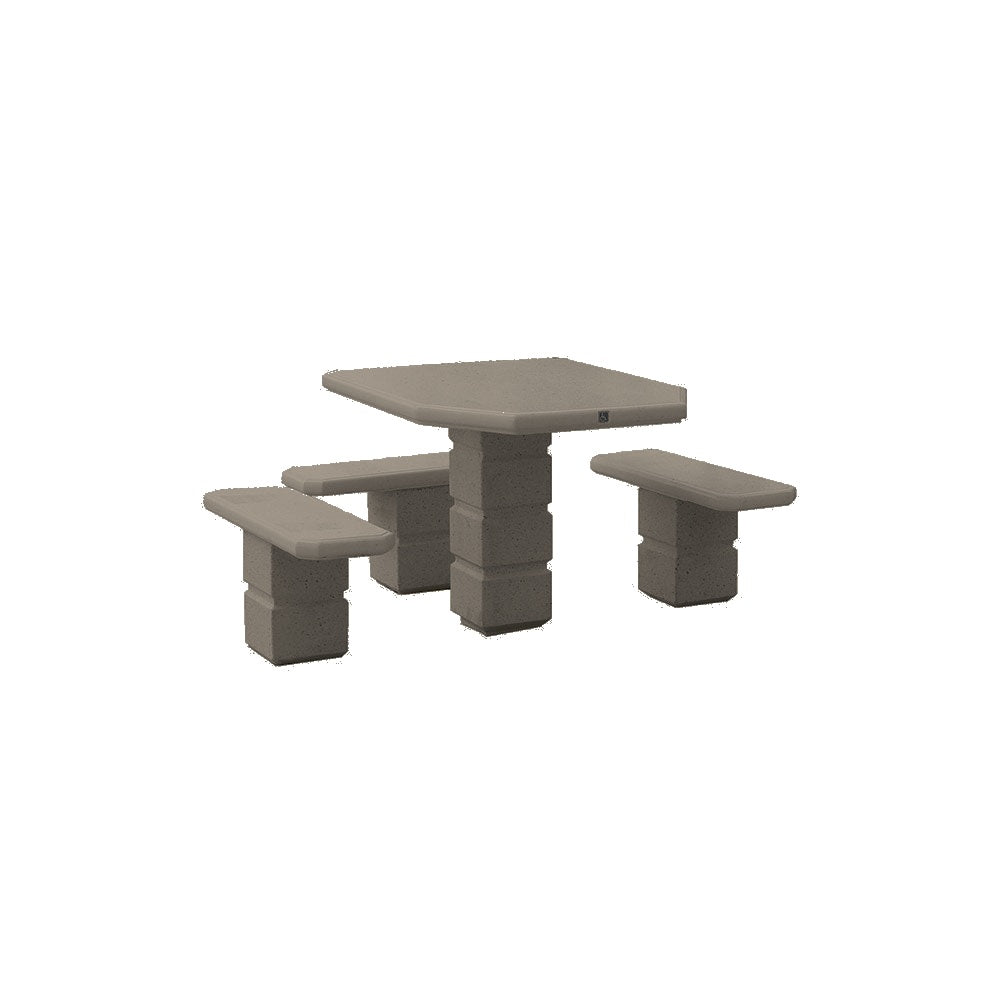 TF3091 Footed Square Pedestal Concrete ADA Compliant Table Set — Standard Ground & Polish Top & Bench - Acid Wash Gray Legs — G26 Charcoal — digitally rendered color preview