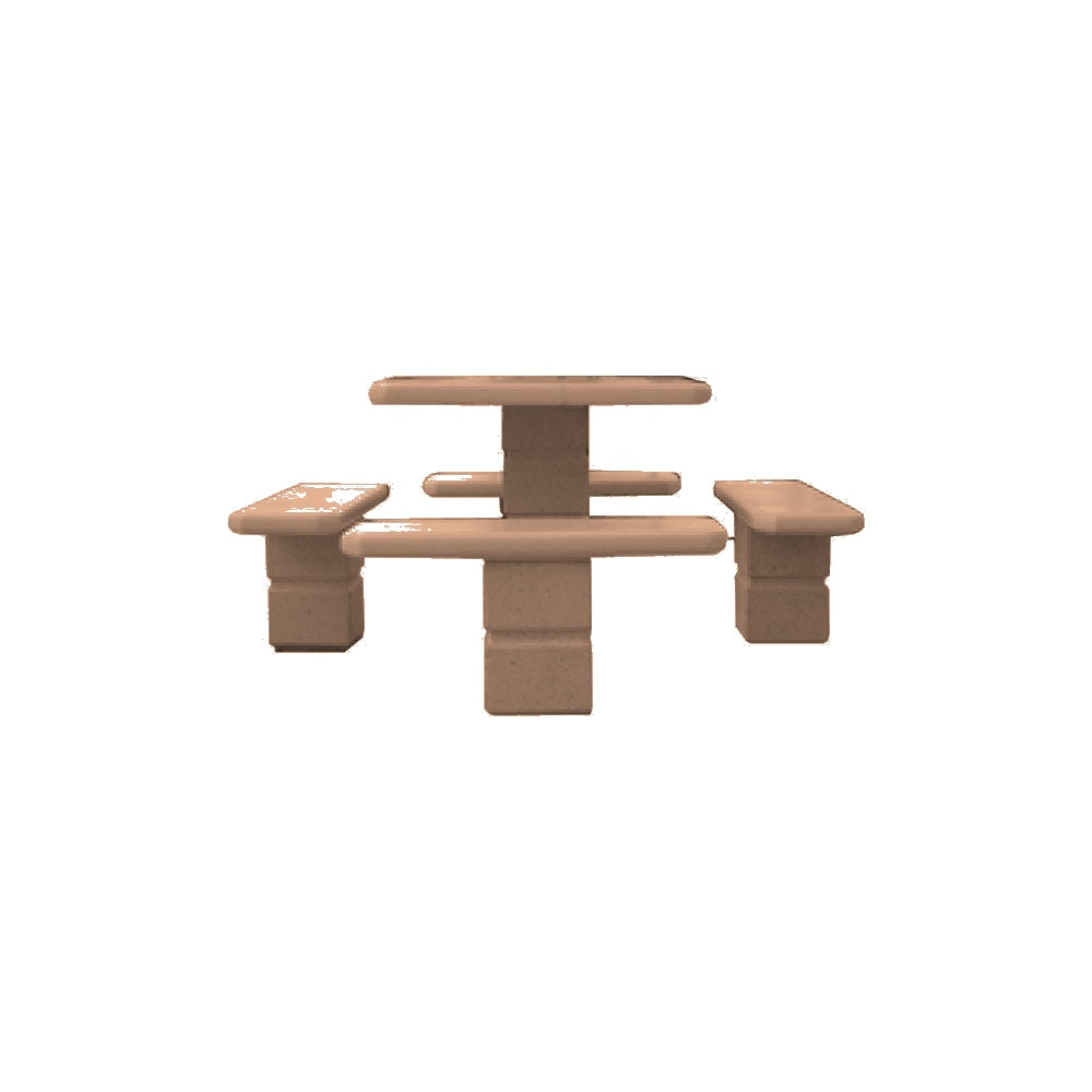 TF3090 Footed Square Pedestal Concrete Table Set — Standard Ground & Polish Top & Bench - Acid Wash Sand Legs — G22 Sand — digitally rendered color preview