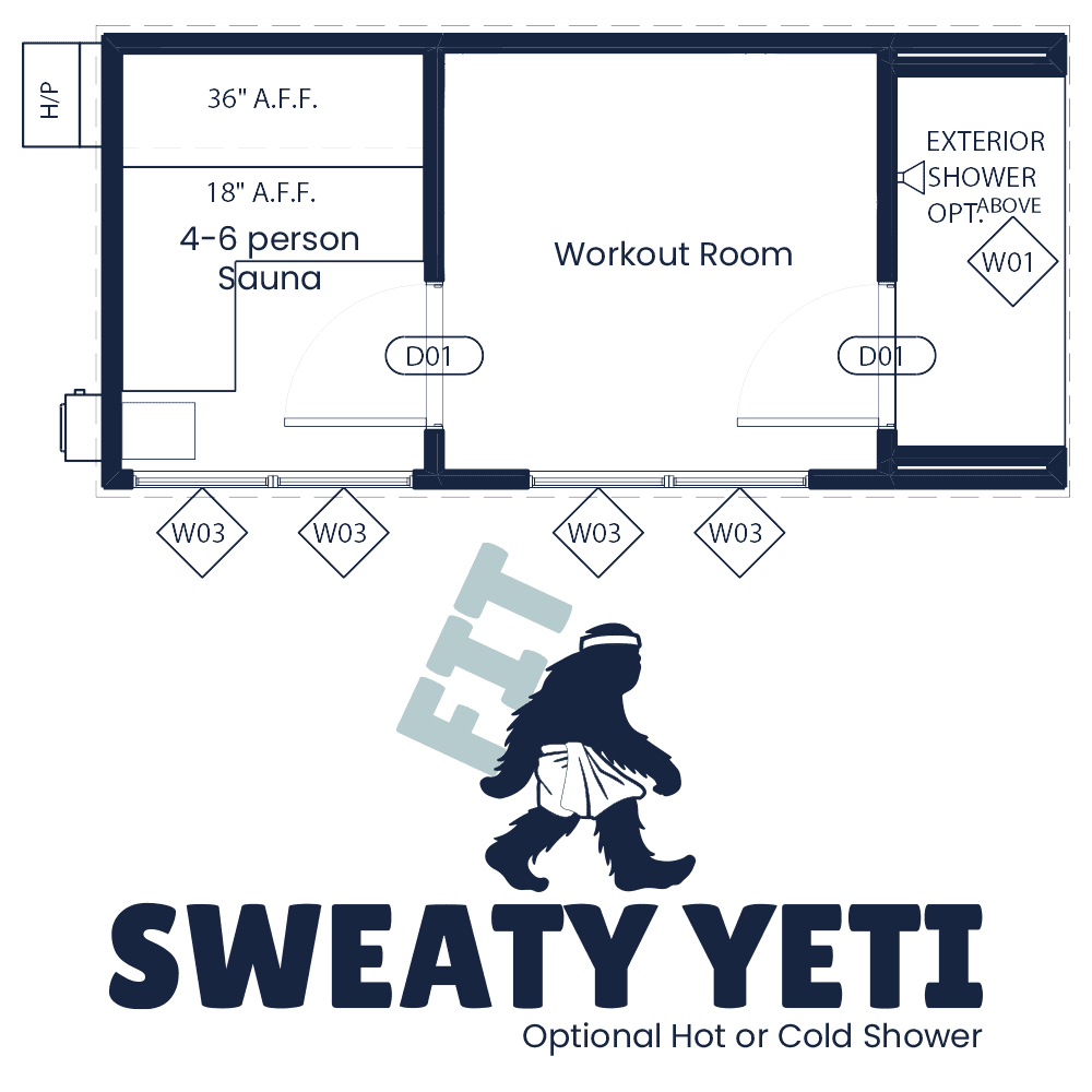 Sweaty Yeti Sauna Fit 4-6 Person Outdoor Sauna & Fitness Cabin 8 x 17 ft - official Sweaty Yeti media - fp-fit.png