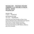 Woodline Pavone — Bradley Terrace media — round and 10x13 specifications page — rectangular configuration shown — exact source edit