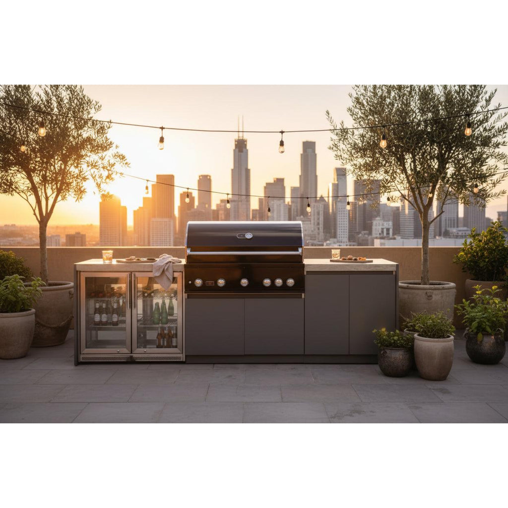 Whistler 110-Inch 5-Burner Gas Grill Island with Infrared Rear Burner, Refrigerator, and Rotisserie Kit - Black Stainless
