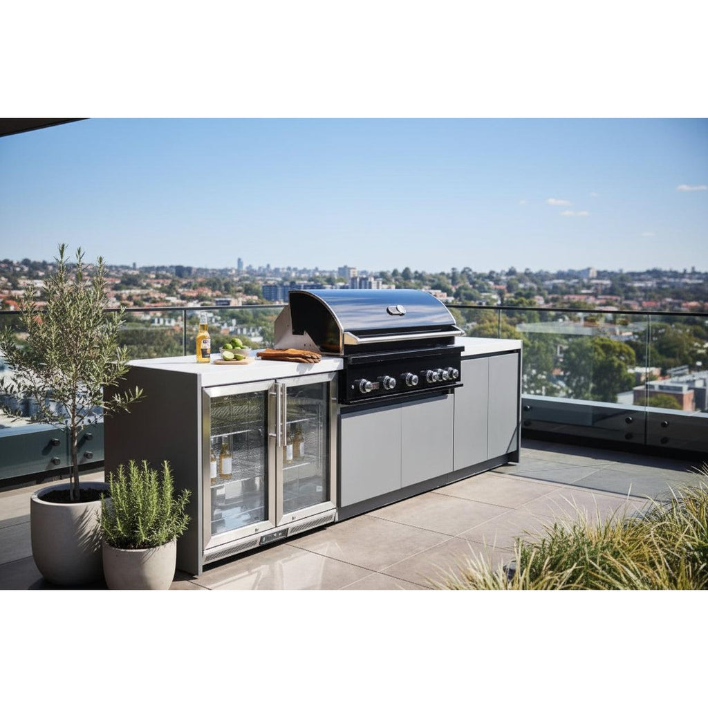 Whistler 110-Inch 5-Burner Gas Grill Island with Infrared Rear Burner, Refrigerator, and Rotisserie Kit - Black Stainless