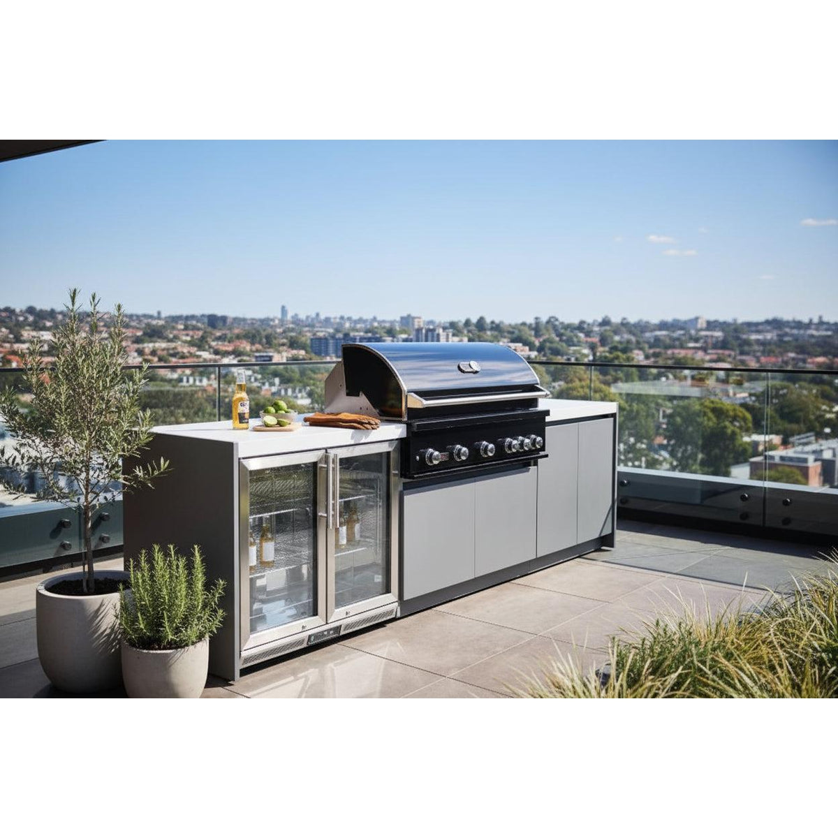 Whistler 110-Inch 5-Burner Gas Grill Island with Infrared Rear Burner, Refrigerator, and Rotisserie Kit - Black Stainless
