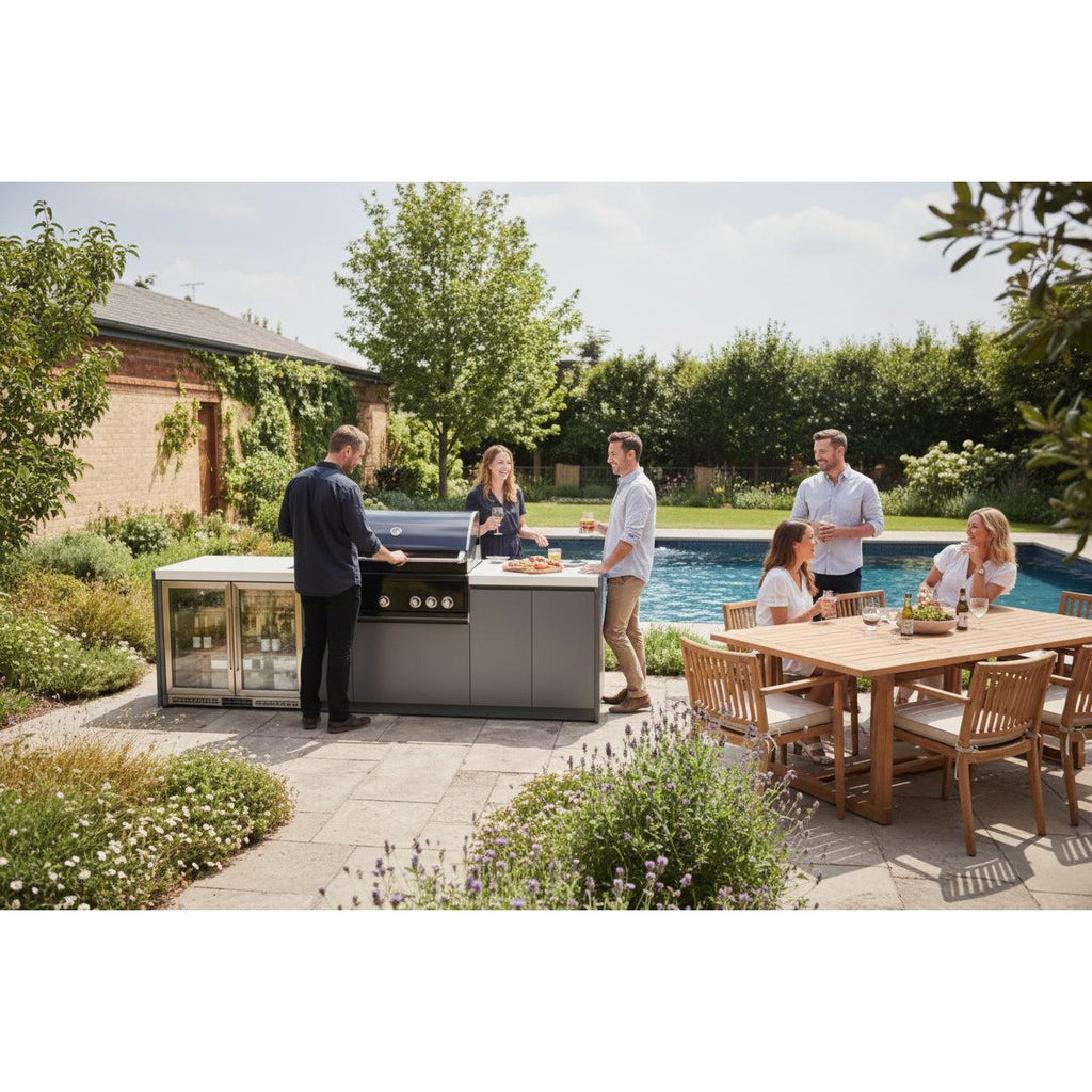 Whistler 110-Inch 5-Burner Gas Grill Island with Infrared Rear Burner, Refrigerator, and Rotisserie Kit - Black Stainless