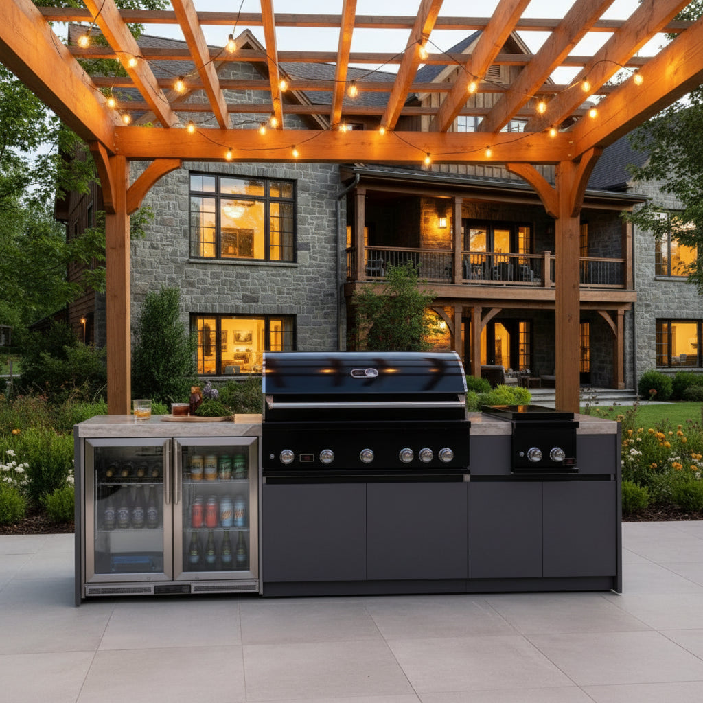 Whistler 110-Inch 5-Burner Gas Grill Island with Infrared Rear Burner, Refrigerator, Double Side Burner, and Rotisserie Kit - Black Stainless