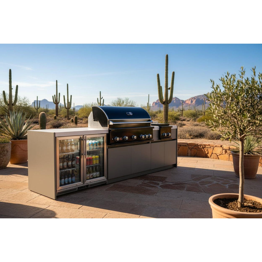 Whistler 110-Inch 5-Burner Gas Grill Island with Infrared Rear Burner, Refrigerator, Double Side Burner, and Rotisserie Kit - Black Stainless