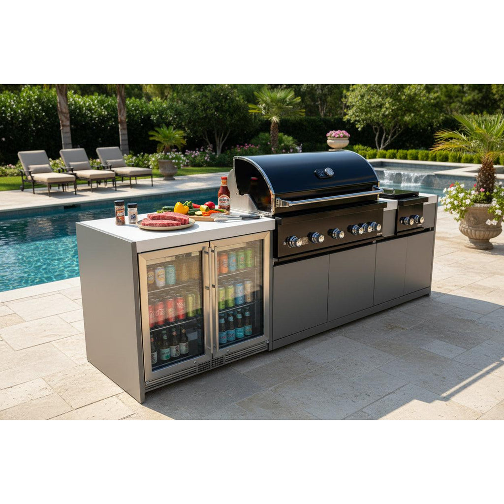 Whistler 110-Inch 5-Burner Gas Grill Island with Infrared Rear Burner, Refrigerator, Double Side Burner, and Rotisserie Kit - Black Stainless