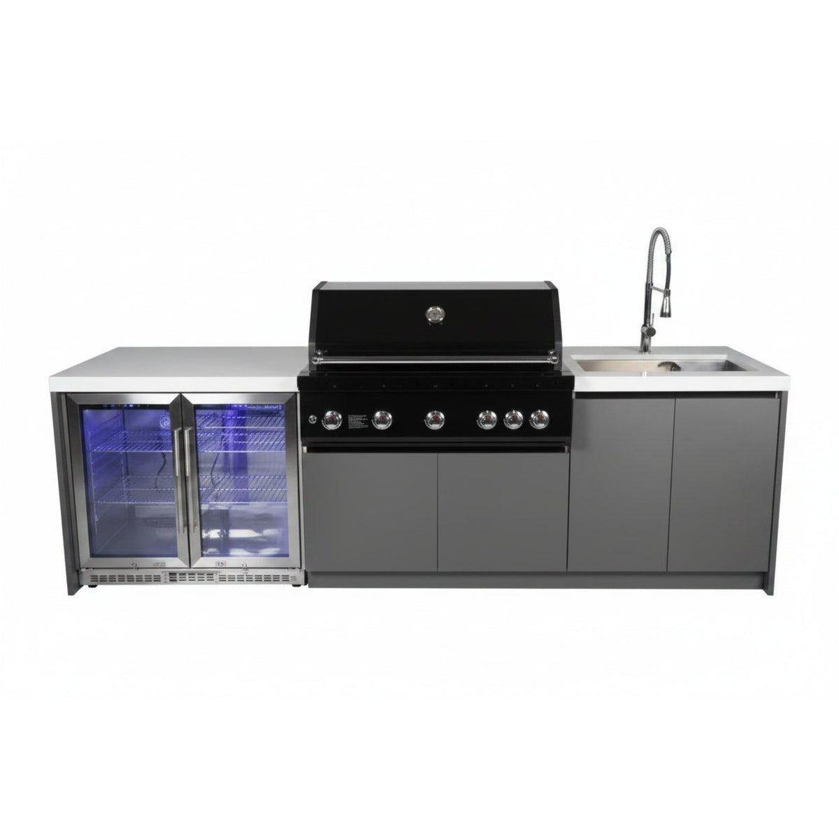 Whistler 110-Inch 5-Burner Gas Grill Island with Infrared Rear Burner, Refrigerator, Sink, and Rotisserie Kit - Black Stainless