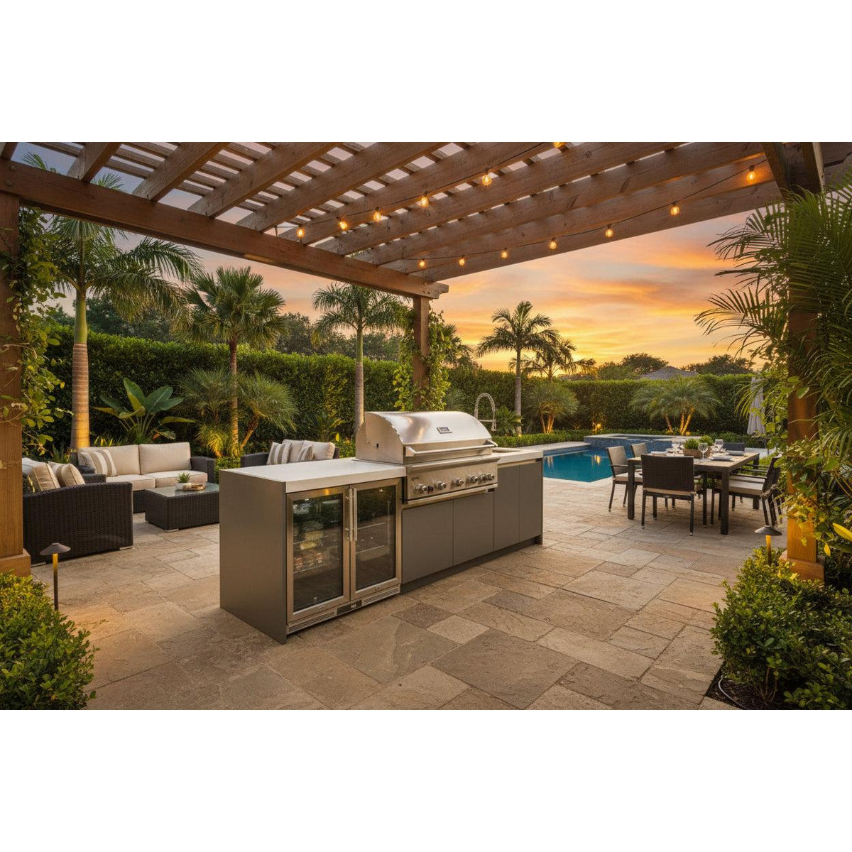 Whistler 110-Inch 5-Burner Gas Grill Island with Infrared Rear Burner, Refrigerator, Sink, and Rotisserie Kit