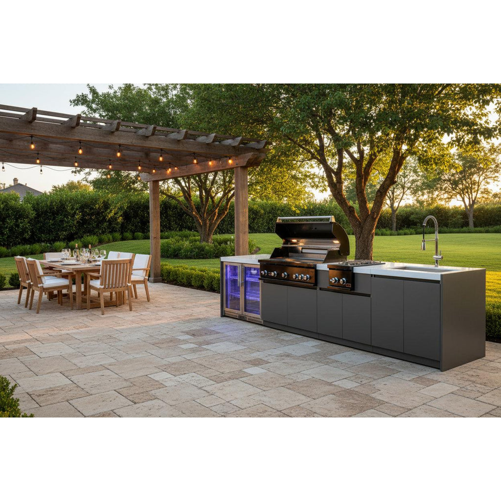 Whistler 141-Inch 5-Burner Gas Grill Island with Infrared Rear Burner, Refrigerator, Sink, Double Side Burner, and Rotisserie Kit - Black Stainless