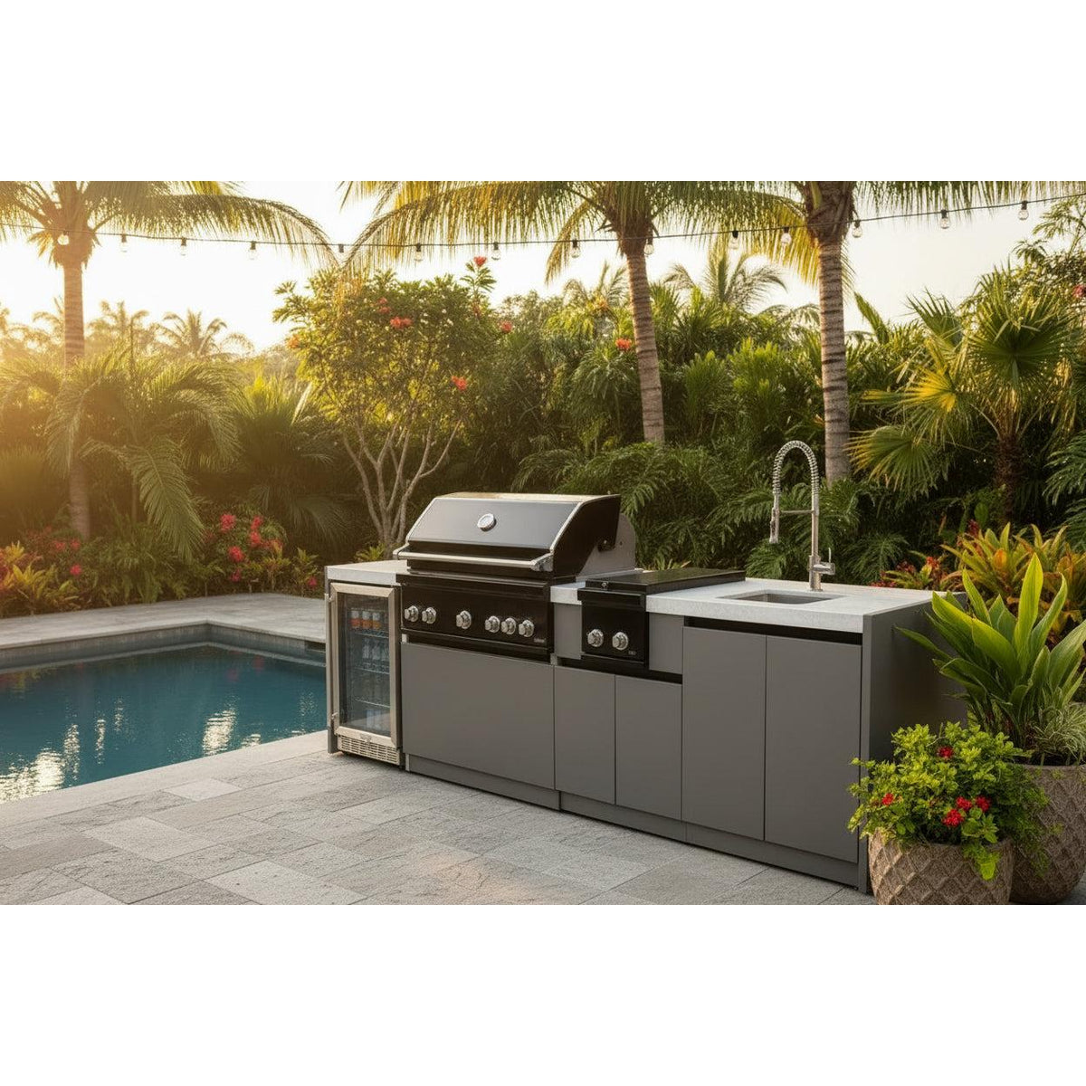 Whistler 141-Inch 5-Burner Gas Grill Island with Infrared Rear Burner, Refrigerator, Sink, Double Side Burner, and Rotisserie Kit - Black Stainless